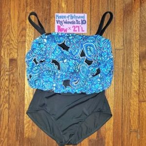 Vintage Maxine of Hollywood Blue Black Floral Paisley Ruffle One Piece Swimsuit